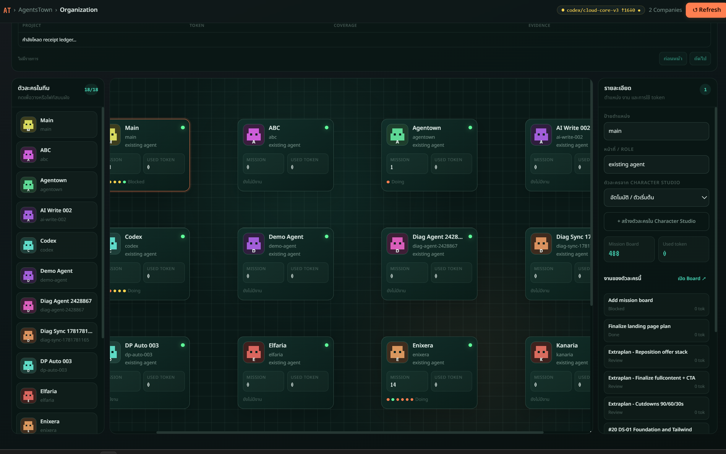 หน้าจอ AgentsTown Organization & Used Token