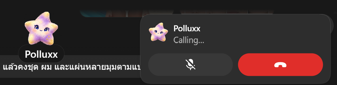 ภาพหน้าจอ Polluxx แสดง Calling พร้อมปุ่มไมโครโฟนและวางสาย