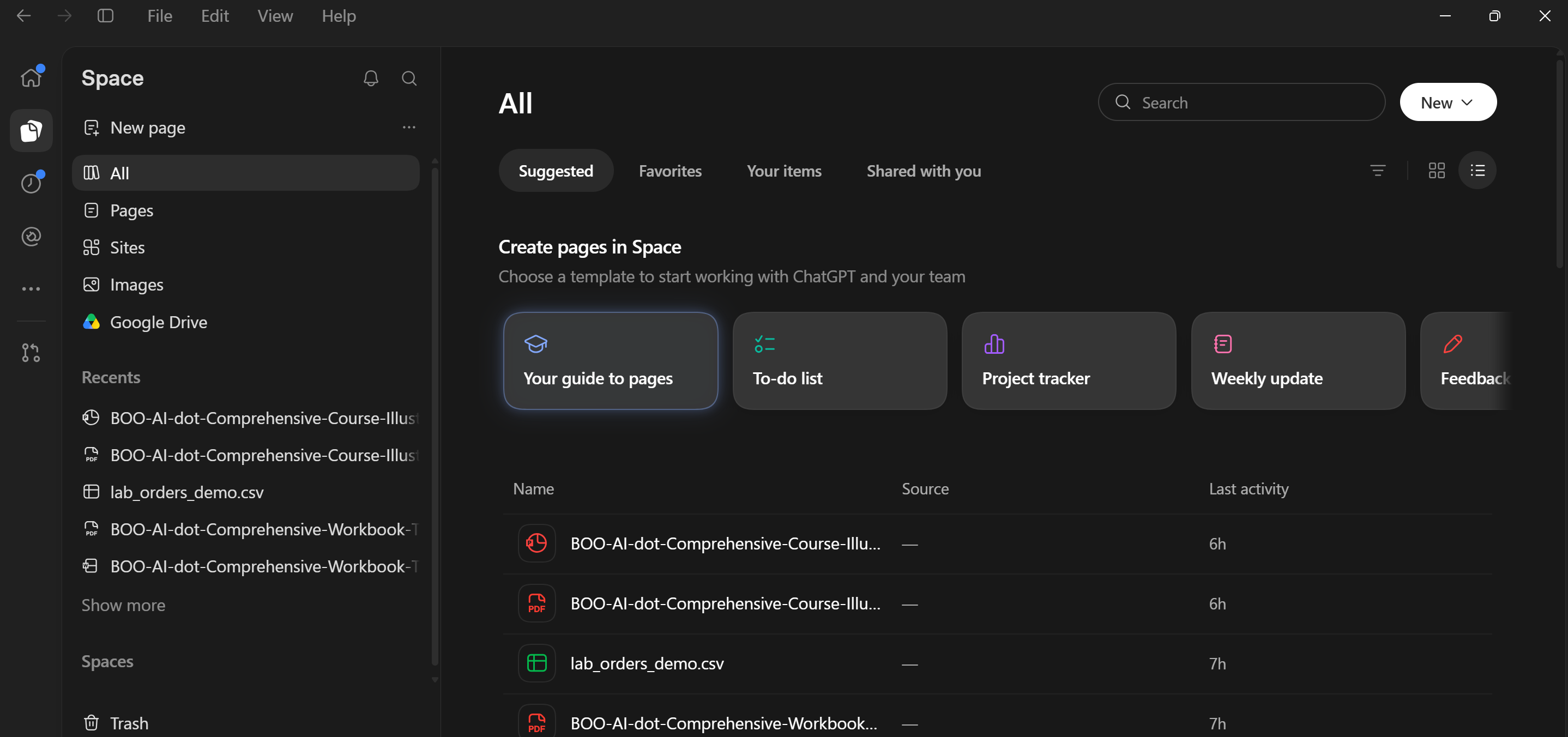 หน้า Space มุมมอง All มี Search, New, Pages, Sites, Images, Google Drive และรายการไฟล์ล่าสุด